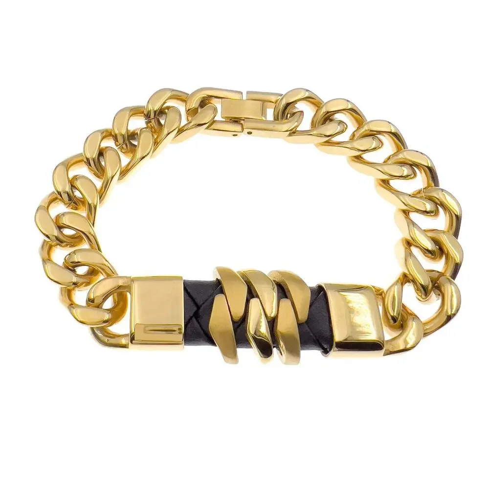 Stainless Steel Bracelet Gold Tone Cuban Link Black Leather Mens 8